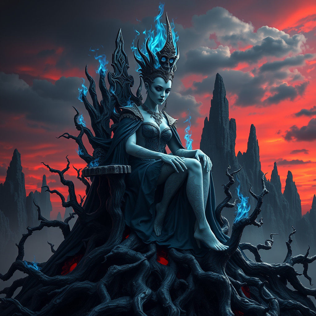 Abyssal Queen Enthroned in a Dark Fantasy Landscape