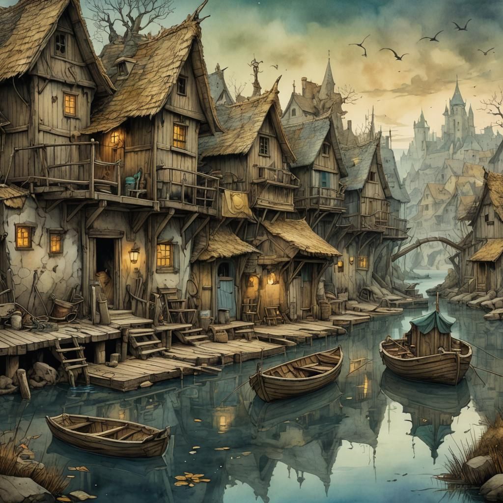 Medieval Fishing Huts: Surreal Watercolor Concept Art