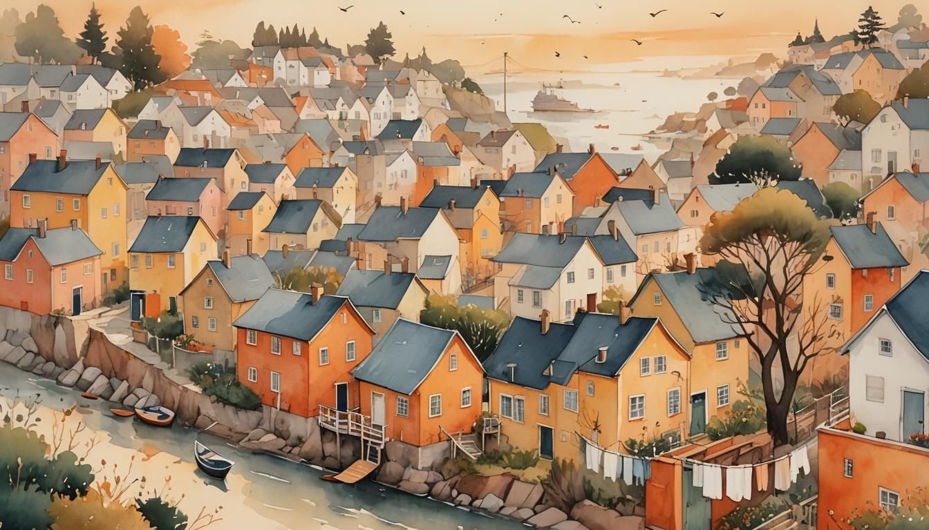 Picturesque Seaside Village in Japanese Watercolor Style