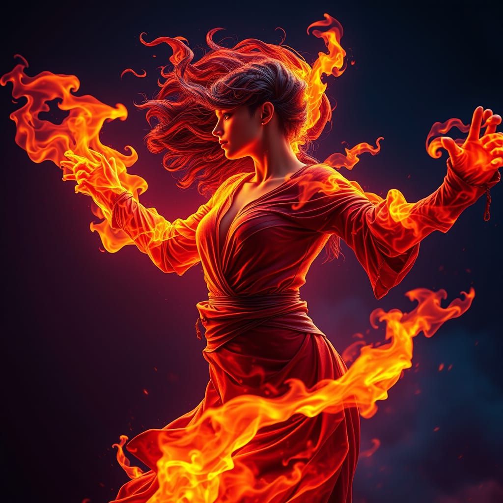Vibrant Woman Enveloped in Fantastical Fire