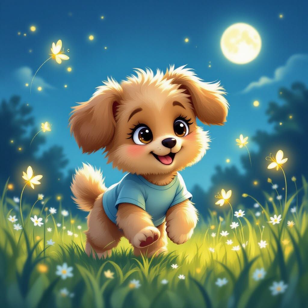 Cute Puppy Chasing Fireflies in Moonlit Meadow