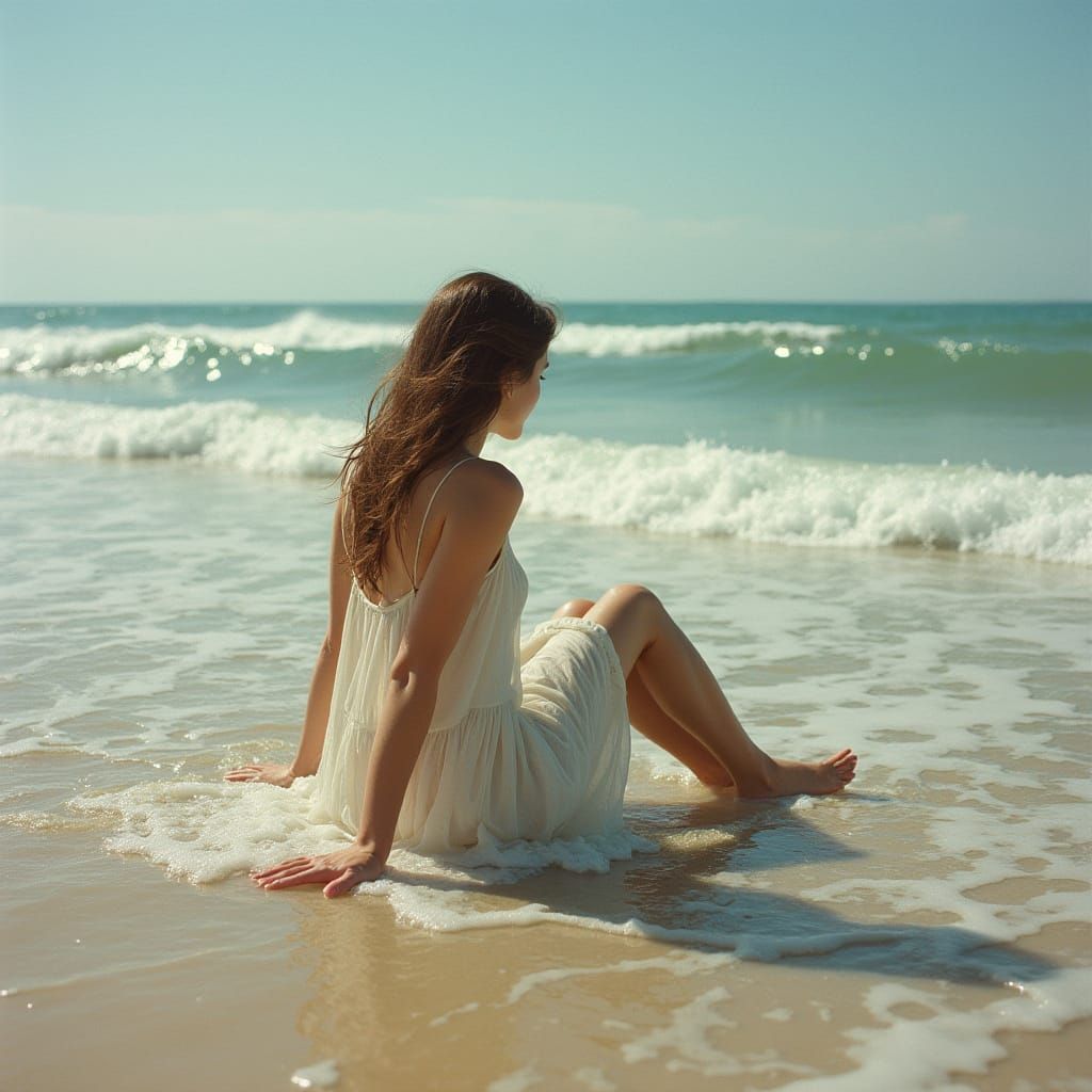 Woman in Photorealistic Beach Scene with Bare Feet and Sundr...