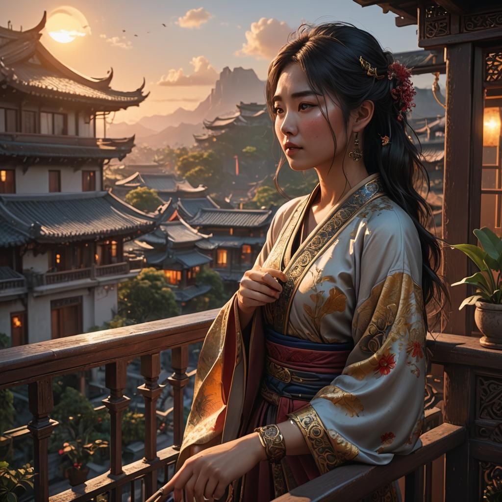 Asian Girl Gazing at Sunset: Fantasy Concept Art