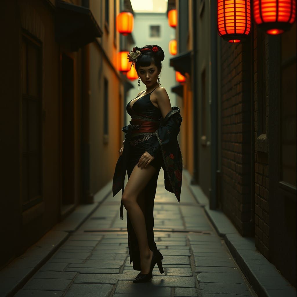 Gothic Geisha in Medieval Alley: Cinematic Film Still