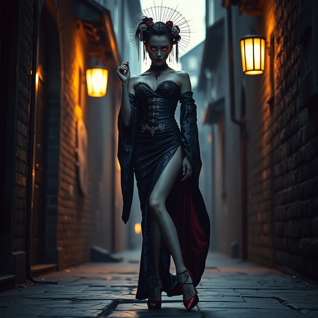 Gothic Geisha in Medieval Alley: Cinematic Film Still