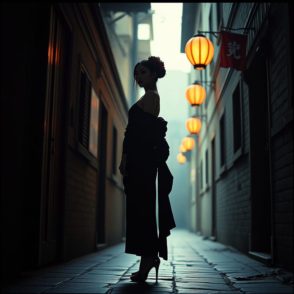 Gothic Geisha in Medieval Alley: Cinematic Film Still