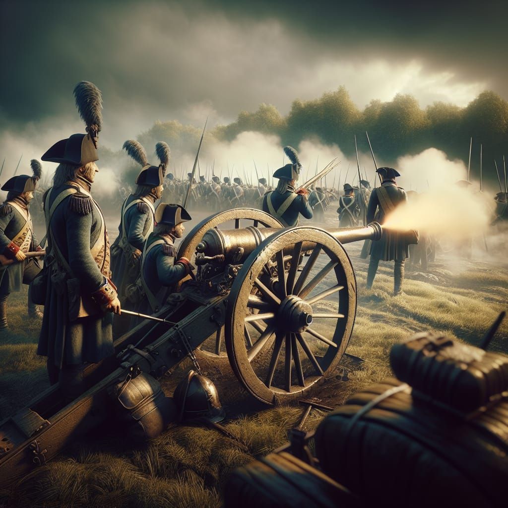 French Soldiers and Cannon on Battlefield in 1700s