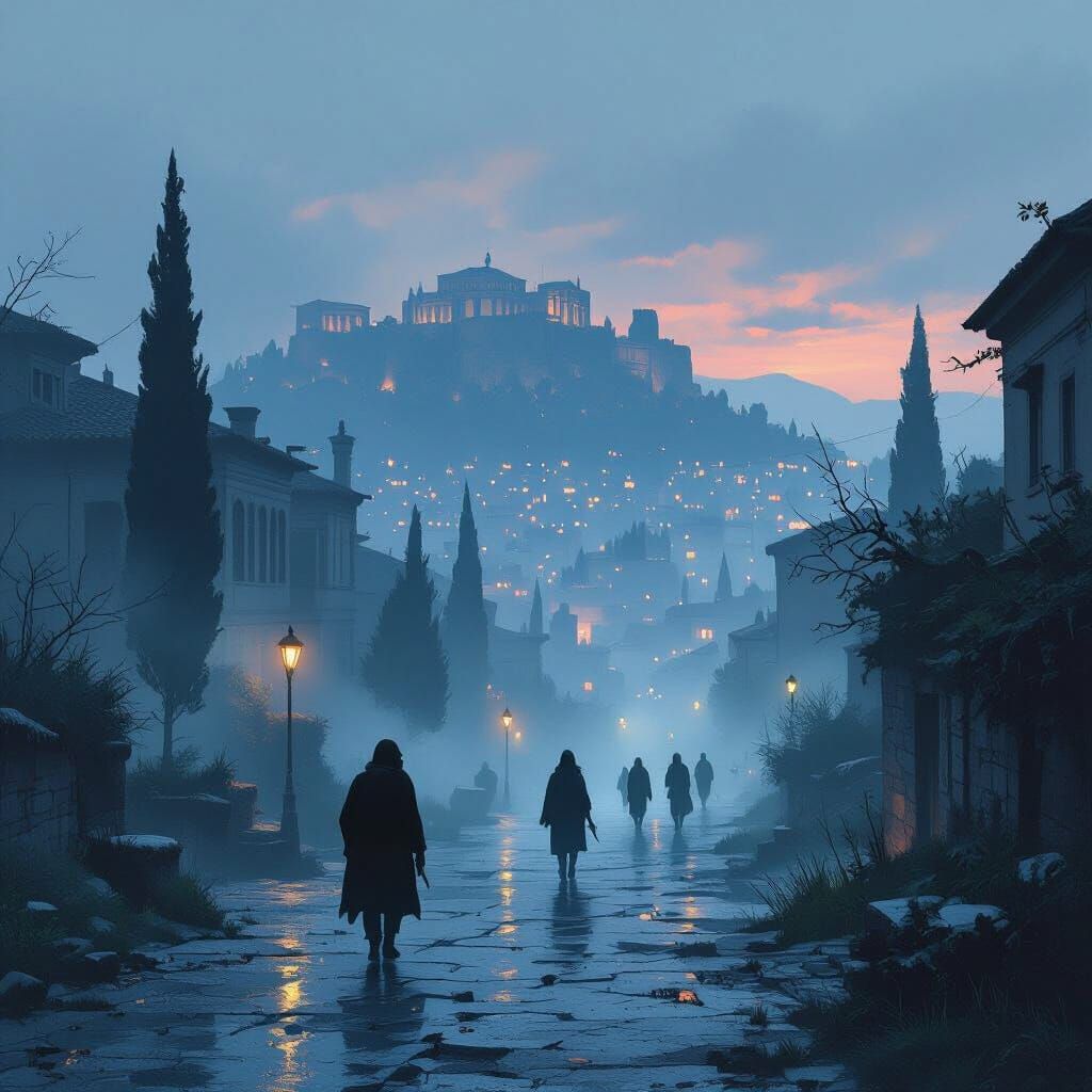 Misty Athens Streets with Swamp Creatures