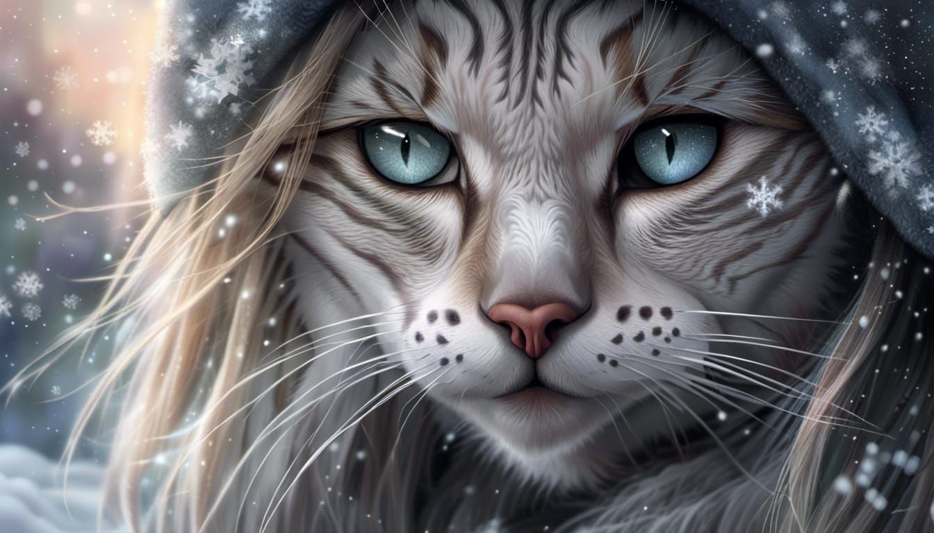 Lynx Girl Crying in Snowy God Realm, Fantasy Art