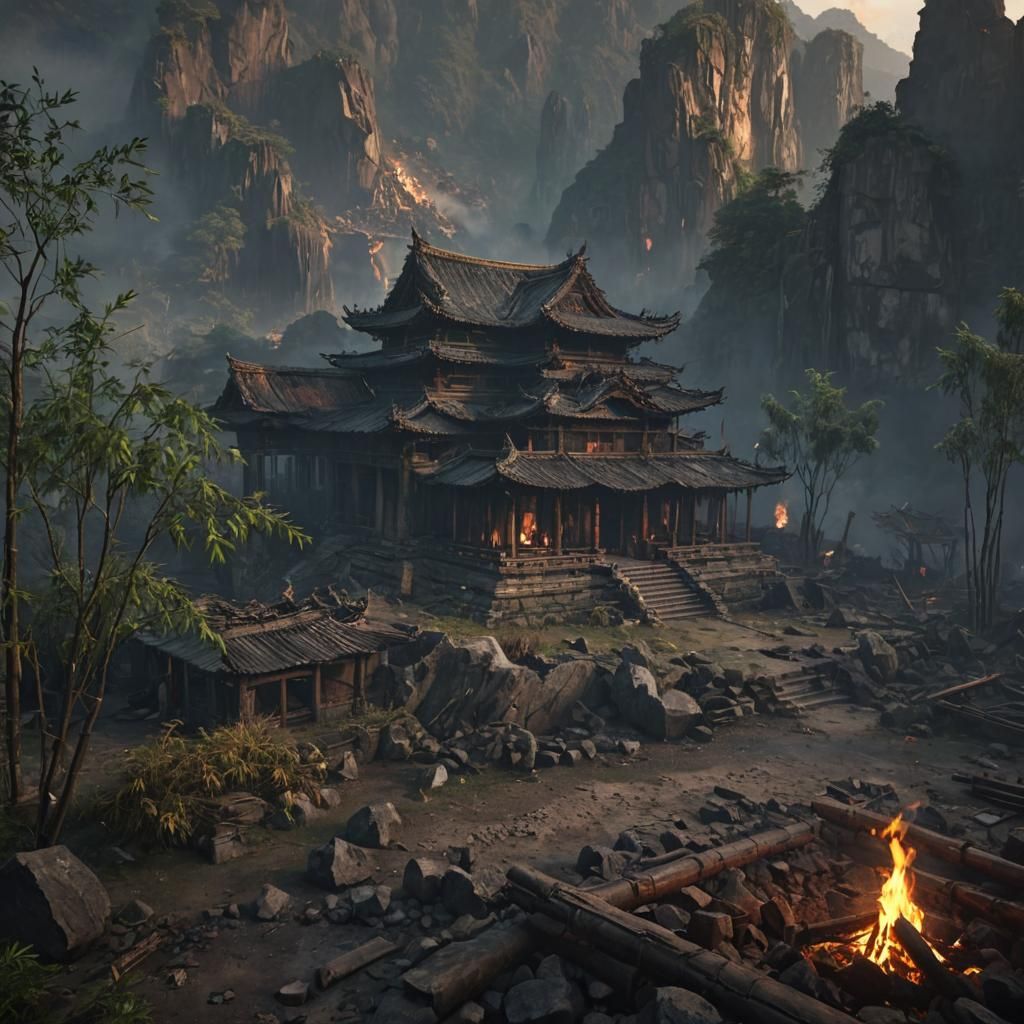 Ruined Temple in Misty Valley at Night