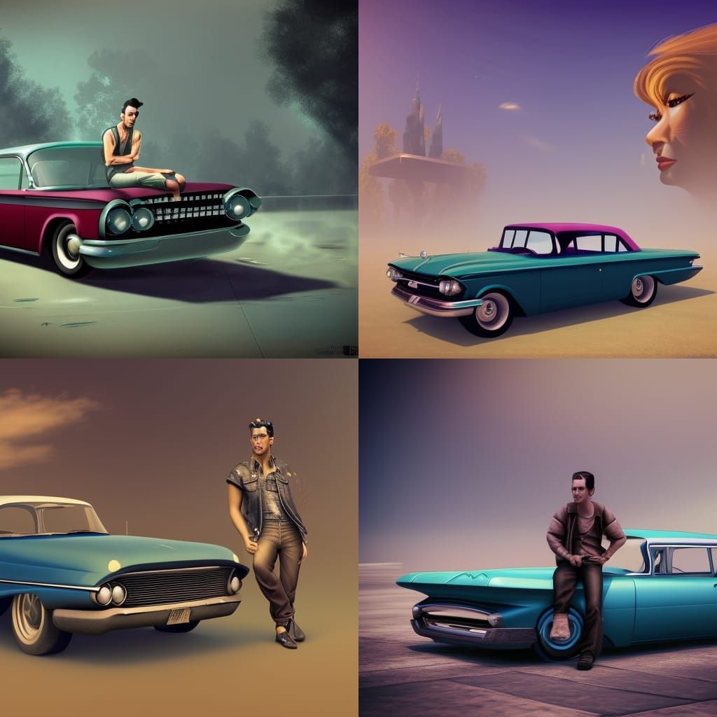 1960s Greaser on Classic Car, Matte Painting