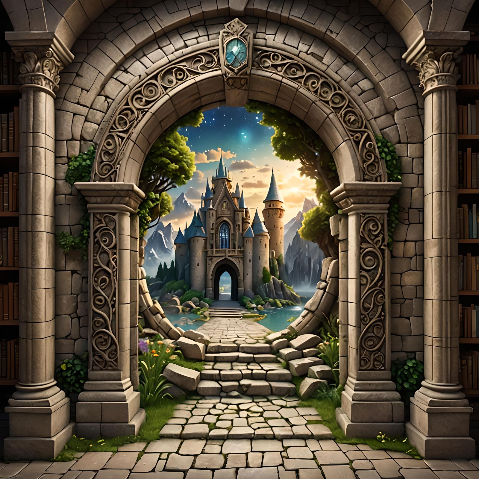 Enchanted Portal Through Stone Arch in Library