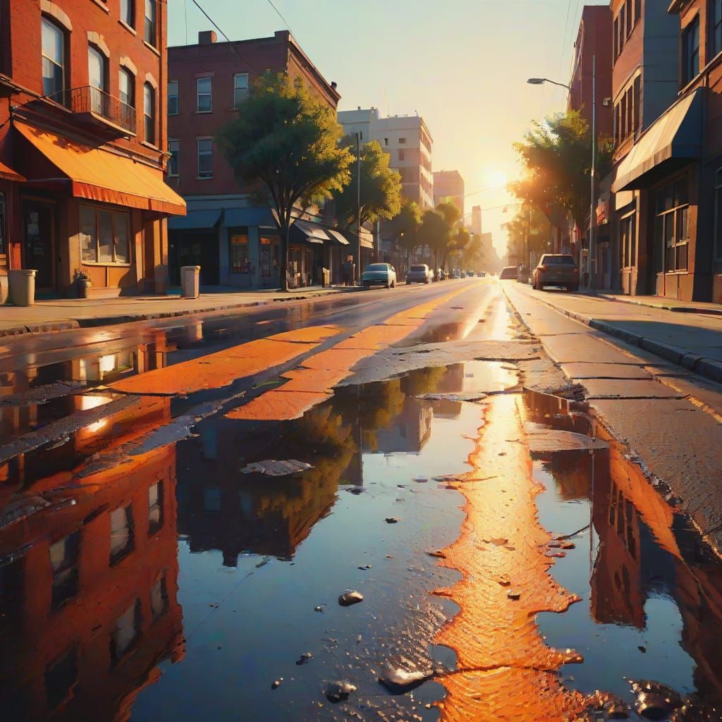 City Street Melts in Scorching Heat: Oil Painting