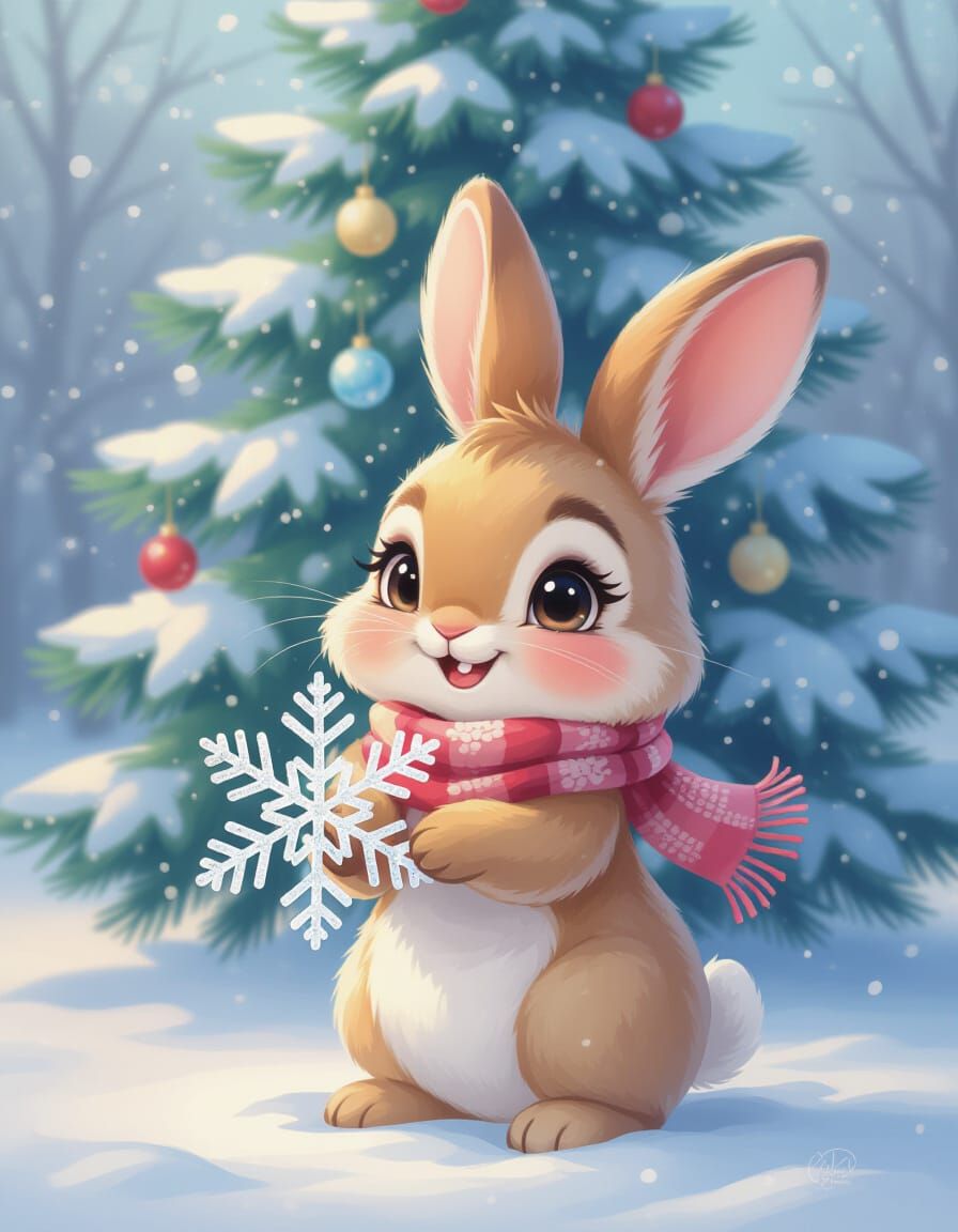 Charming Chibi Bunny with Snowflake and Christmas Tree in Wa...