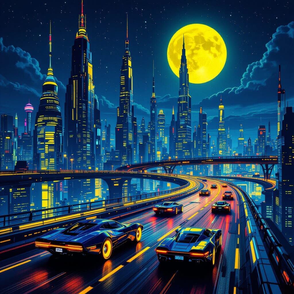 Retro-Futuristic Cyberpunk Cityscape at Night