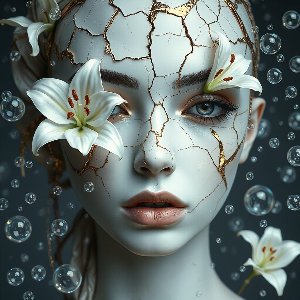 Surreal Porcelain Face with Lilies and Bubbles