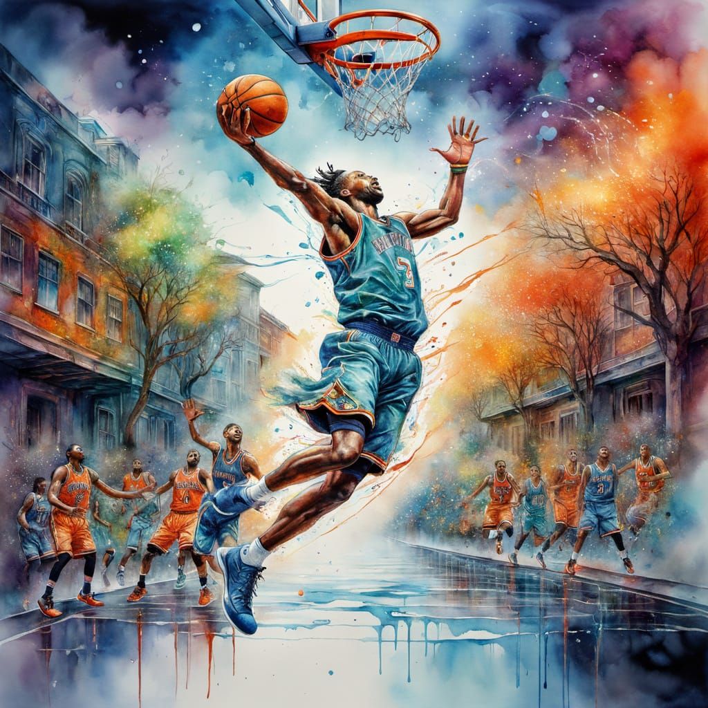 Dynamic Basketball Slam Dunk in Watercolour Style