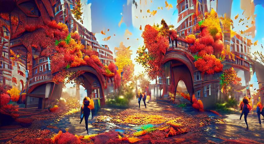 Colorful Autumn City Walk in Detailed Matte Painting