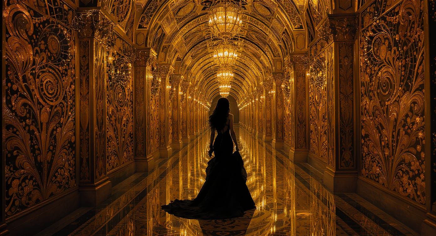 Elegant Lady in Golden Hallway, Art Nouveau Style