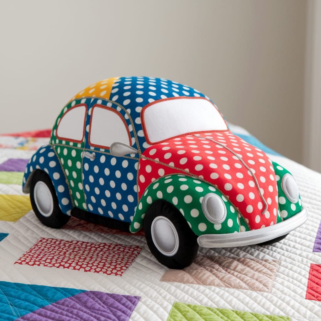 Polka Dot Plush VW Beetle on Quilted Bed