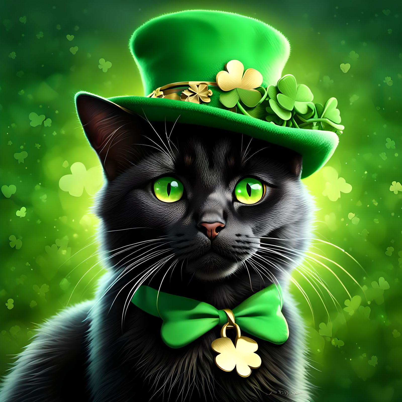 St. Patrick's Day Black Cat in Gold and Green