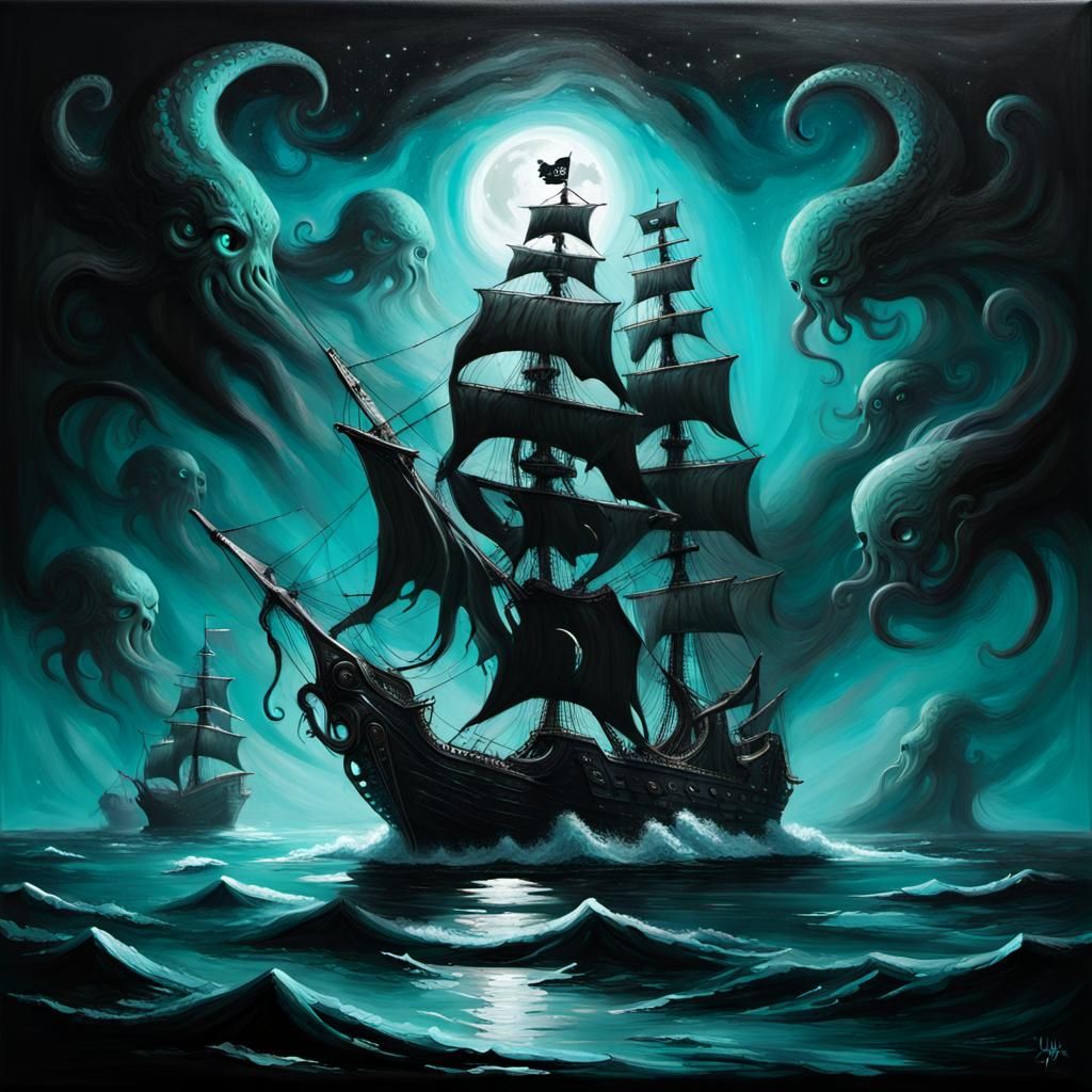 Cthulhu and Pirate Ship: Black Canvas Painting