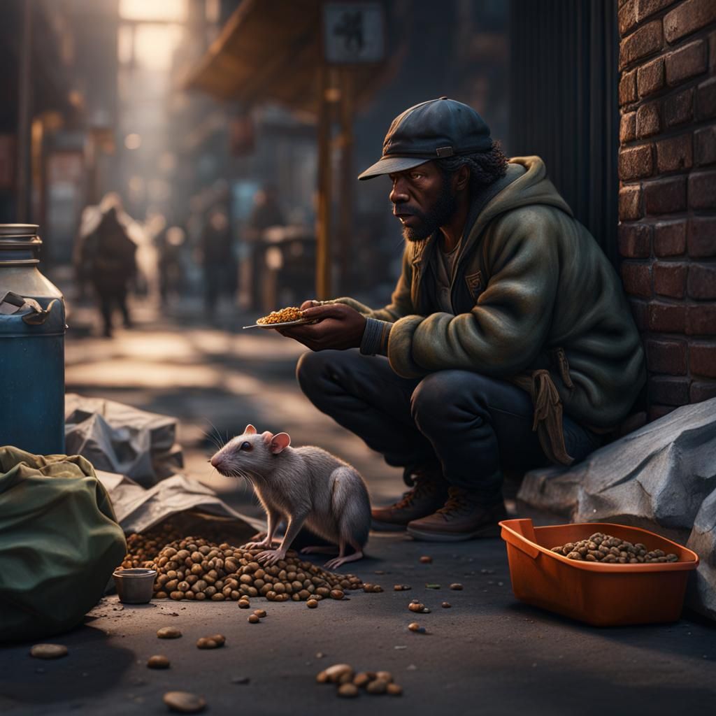 Street Scene: Person Eating a Rat, Detailed Digital Painting