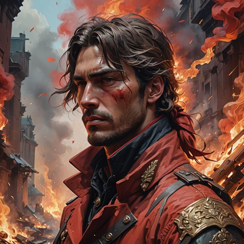 Revolutionary Soldier in Burning Expanse: Impasto Painting