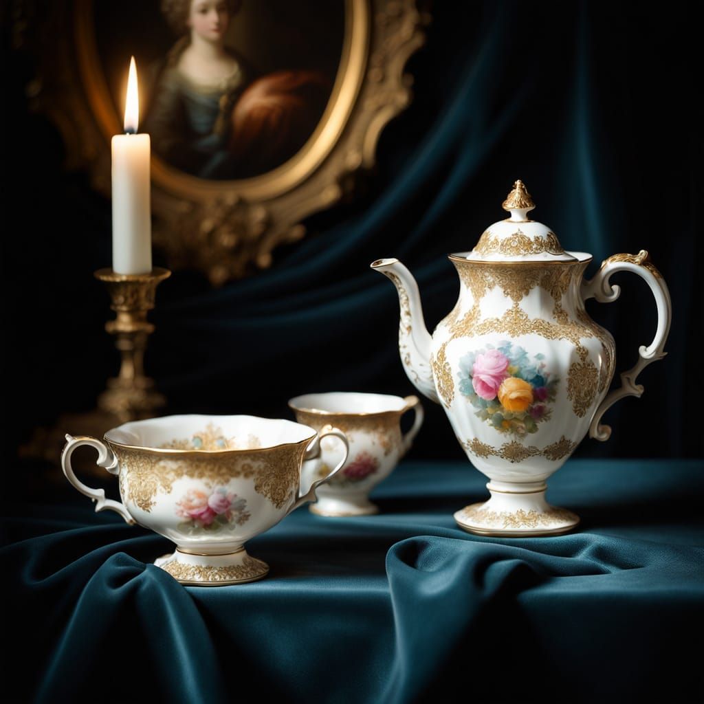 Baroque Masterpiece: Exquisite Porcelain Tea Cups in Regal S...