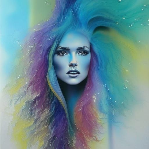 Electric Haired Woman: Watercolor and Pastel Dreamscape