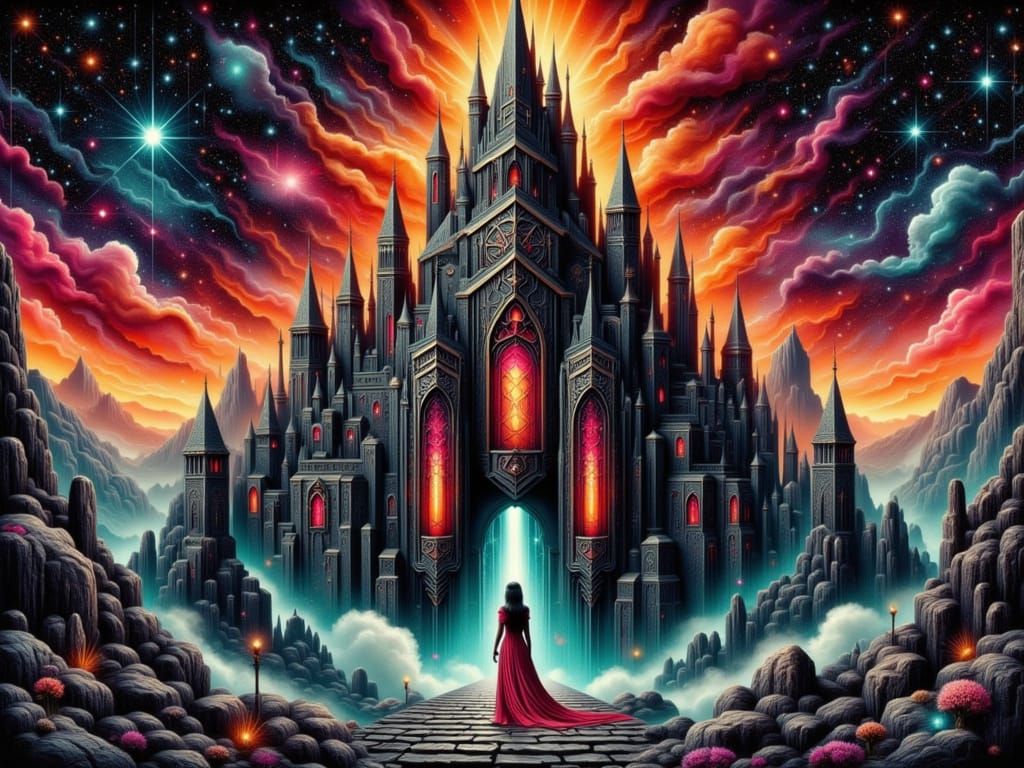 Vibrant Dreamscape Digital Illustration with Creepy Castle