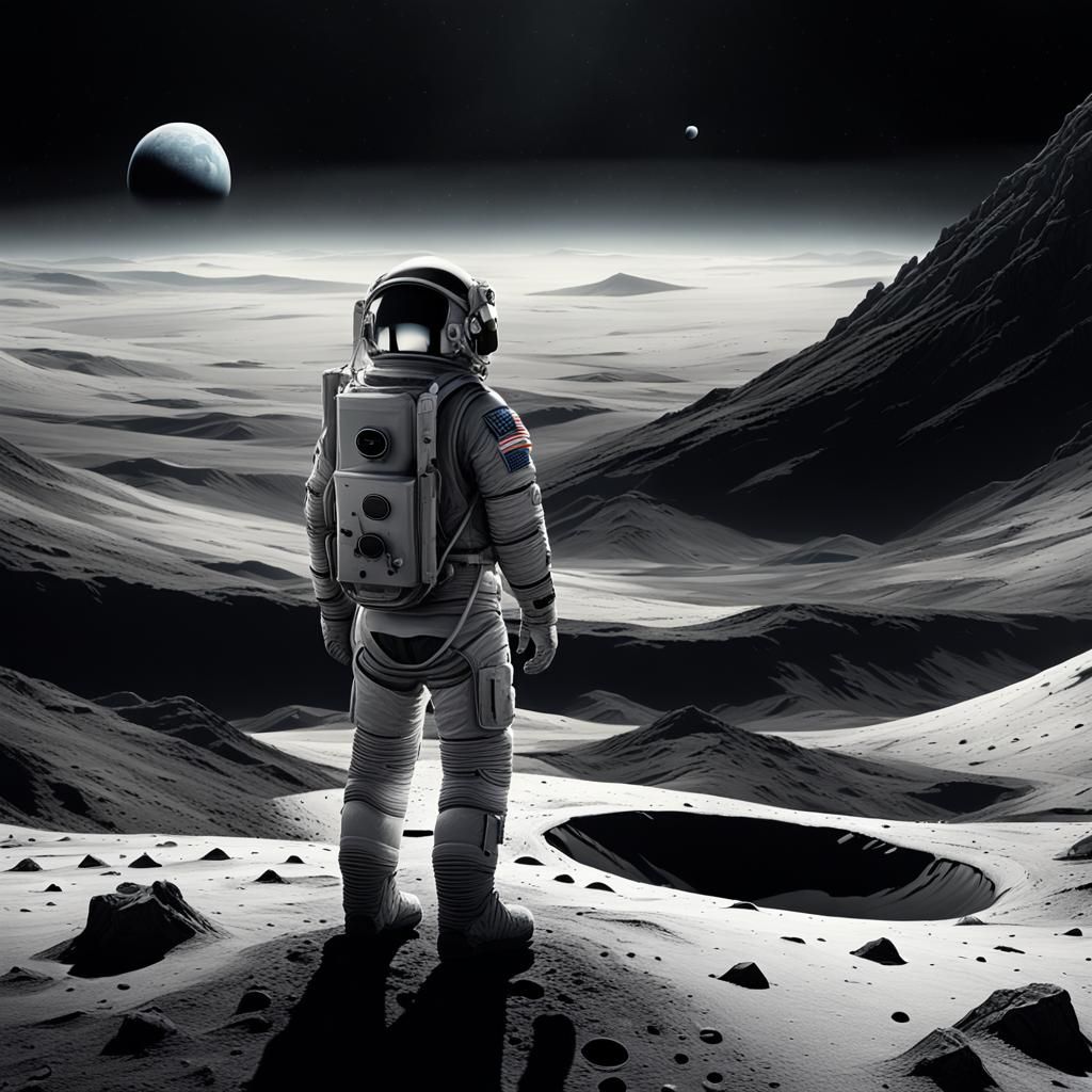An astronaut in black-and-white  landscape.