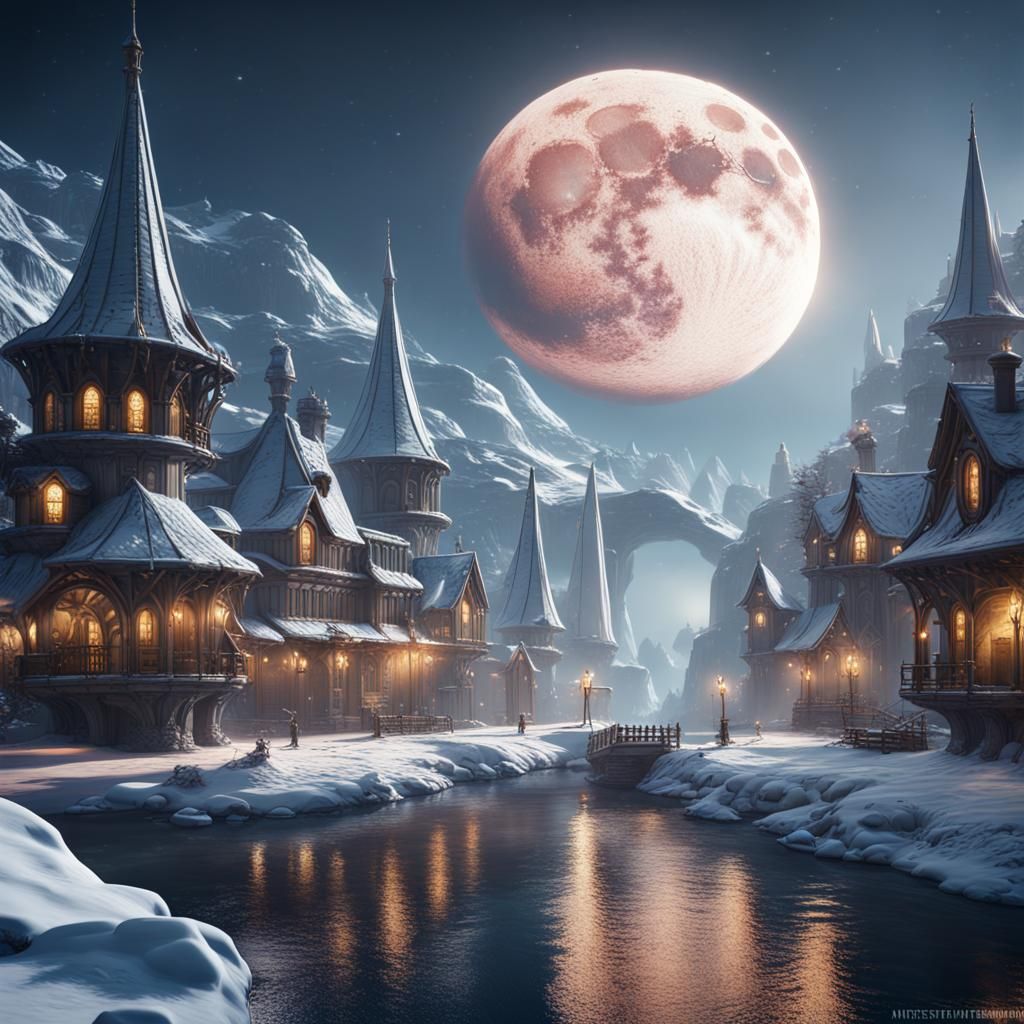 Fantastical Winter Riverscape City on the Moon