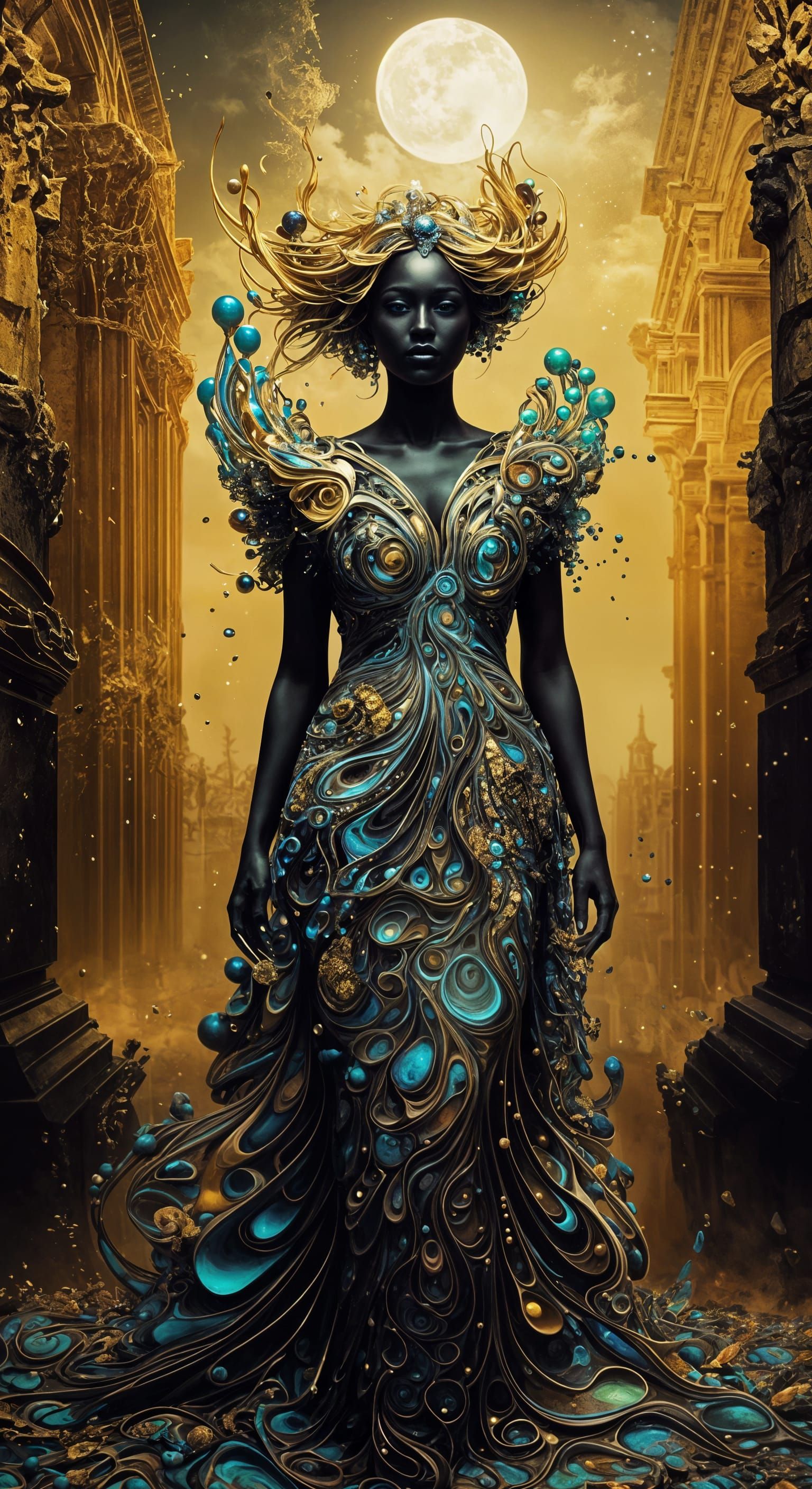 Elegant Woman in Ferrofluid Dress, Digital Painting
