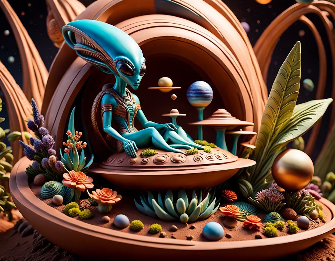 Playful Pottery Alien on UFO in Fantasy Landscape