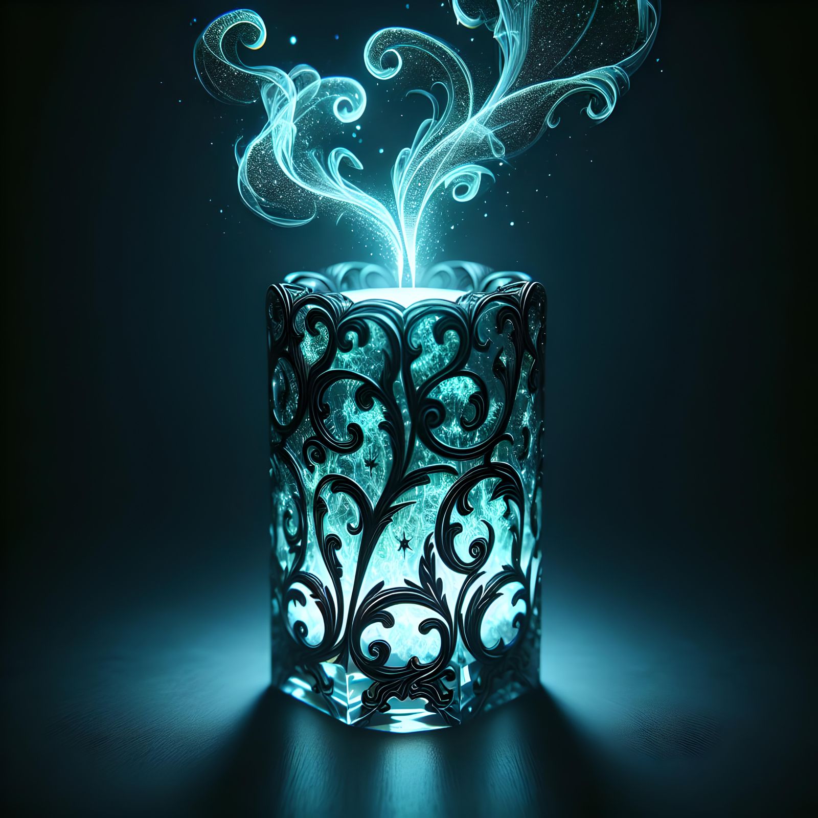 Bioluminescent Crystal Candle with Black Filigree Engraving