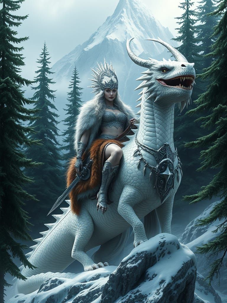 Regal Albino Barbarian Warrior Queen Rides Majestic White Dr...