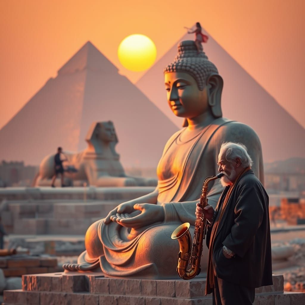 Buddha at Giza Pyramid with Saxophone Player