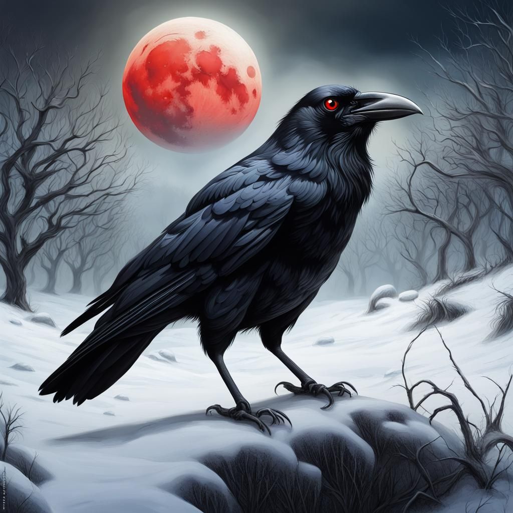 Giant Crow in Winter Landscape with Red Eyes