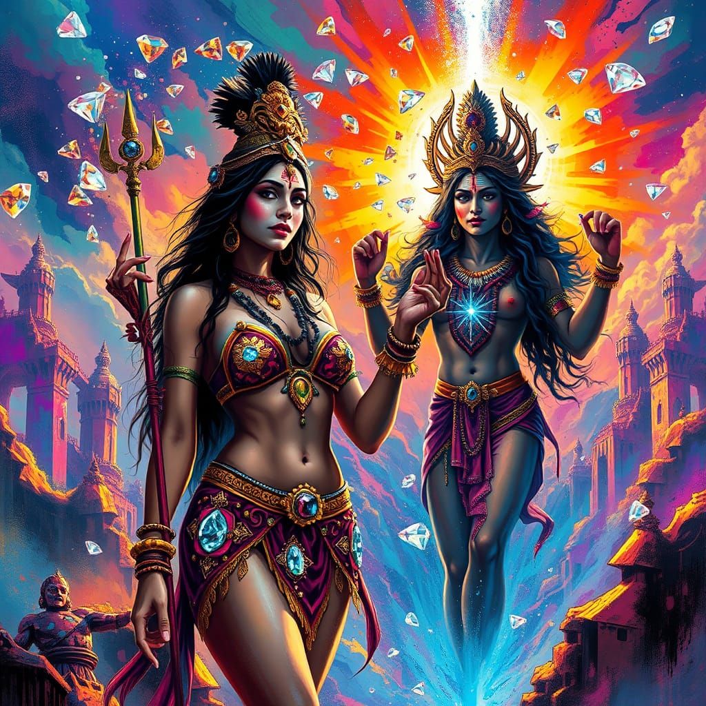 Sci-Fi Indian Woman and Shiva in Heavenly Graffiti Art