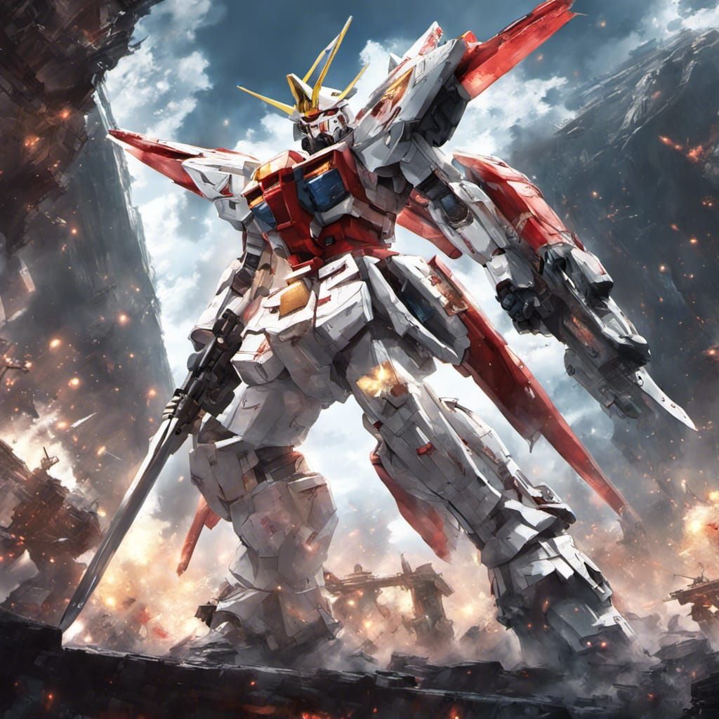 Samurai white red giant Gundam in space battle