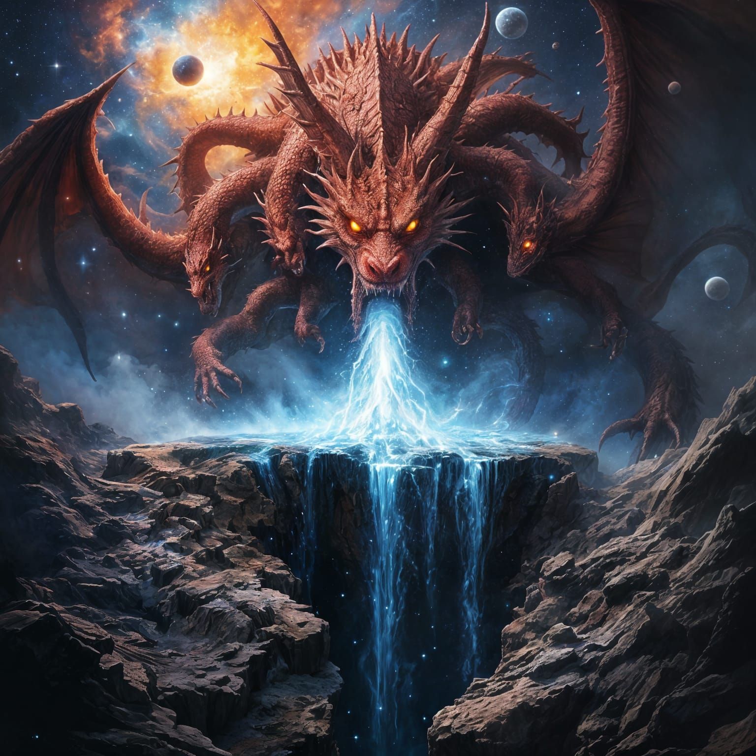 Cosmic Dragon Unleashes Flood from Mouth as Earth Swallows