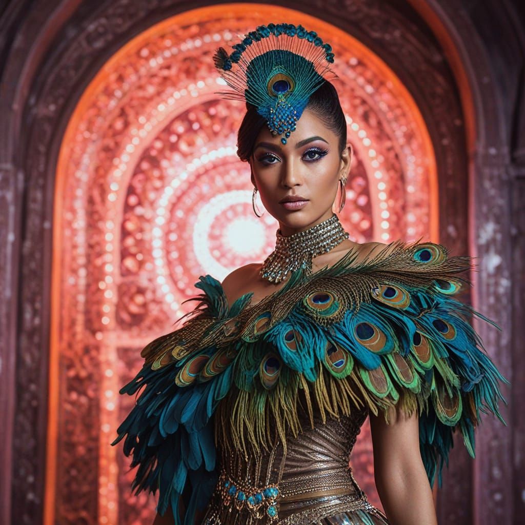 Indian Cyberpunk Goddess in Shifting Neon Feathers and Holog...