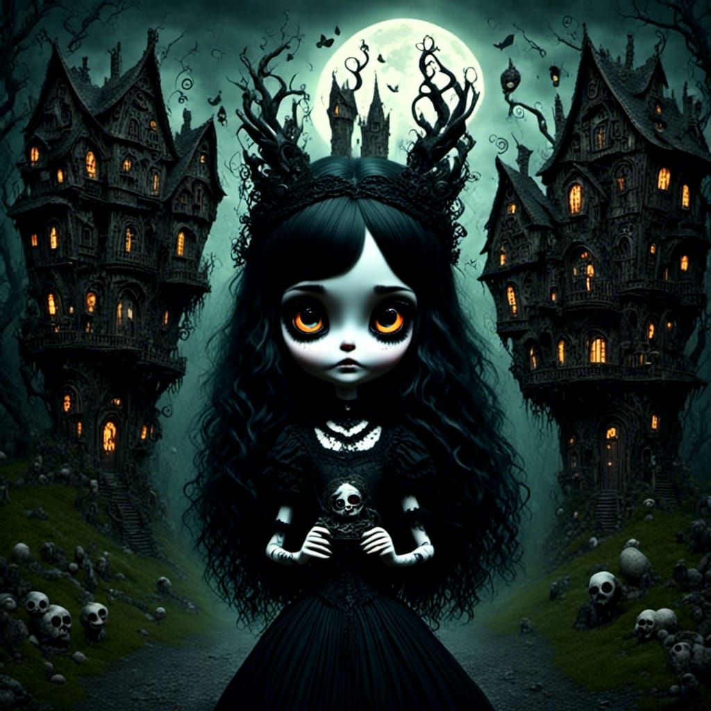 Furious Goth Witch Curses Wonky Village Houses