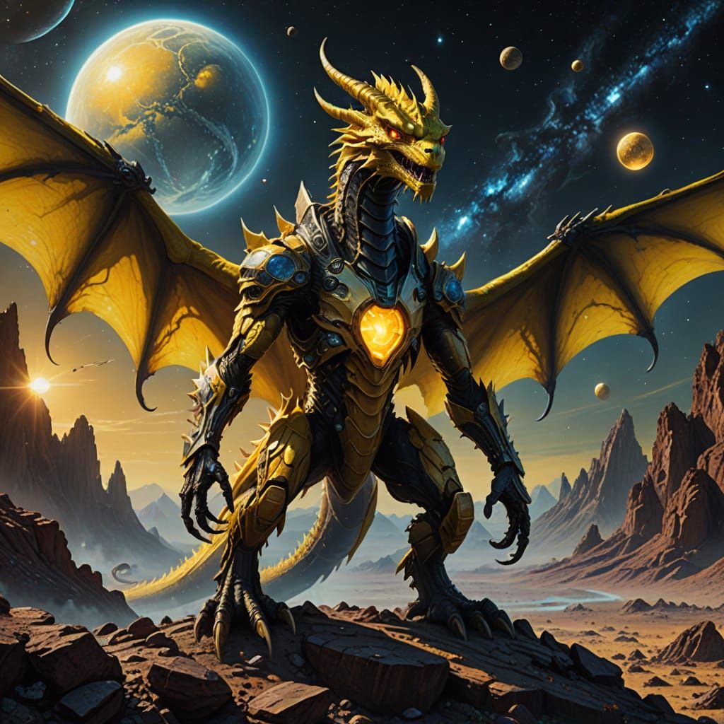 Hyperrealistic Yellow Alien Dragon on Rocky Planet
