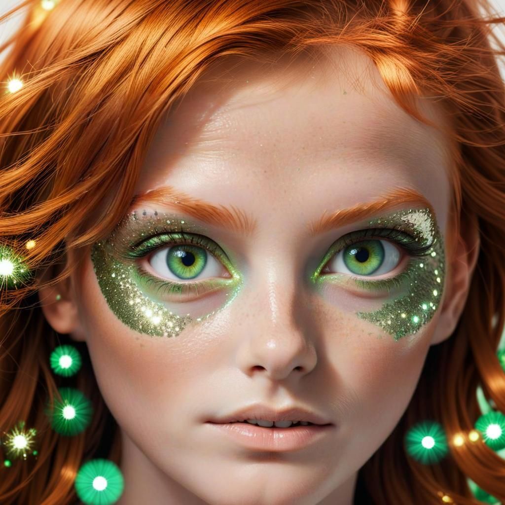 Striking Portrait with Glitter, Red Hair, and Green Eyes