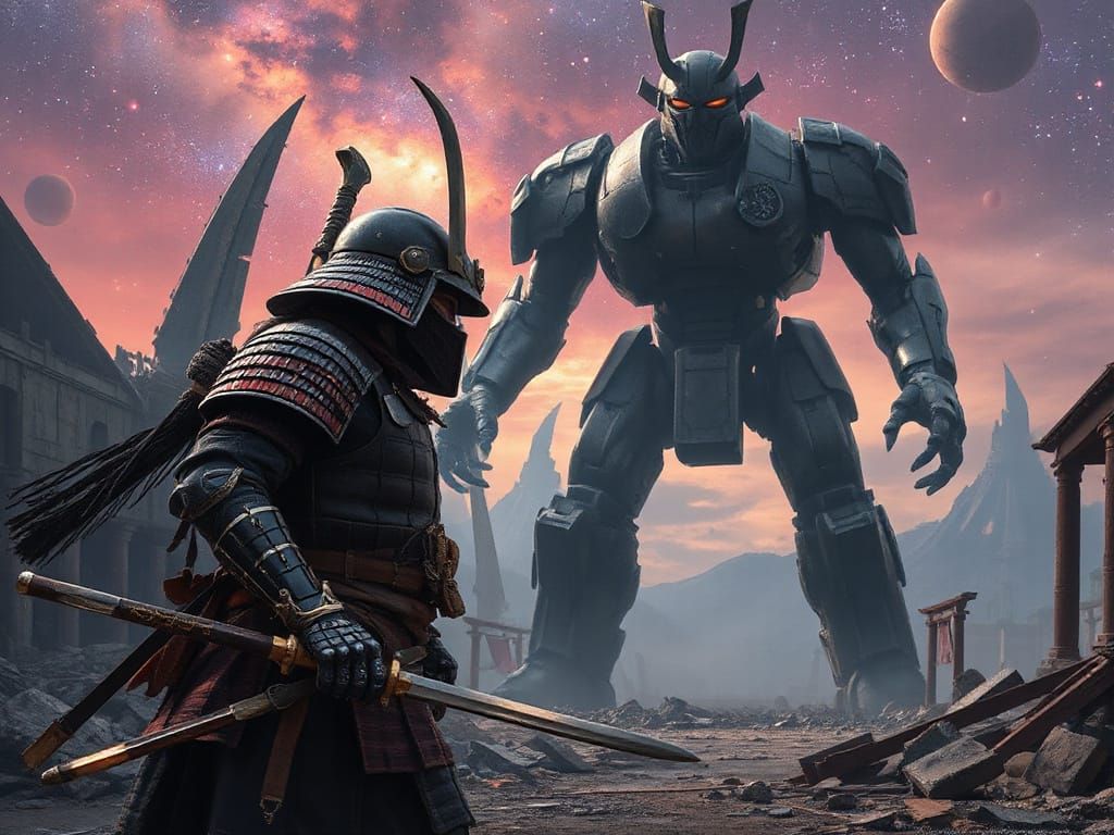 Stoic Samurai vs Robot in Alien Ruins