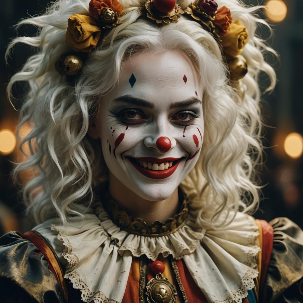 White Haired Medieval Girl Dressed as a Clown for Halloween