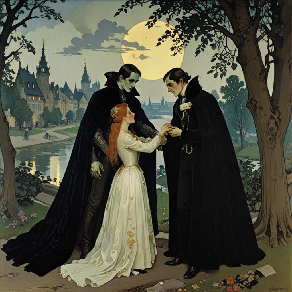 Vampire Offers Aid to Lost Maiden in Somov and Vrubel Style