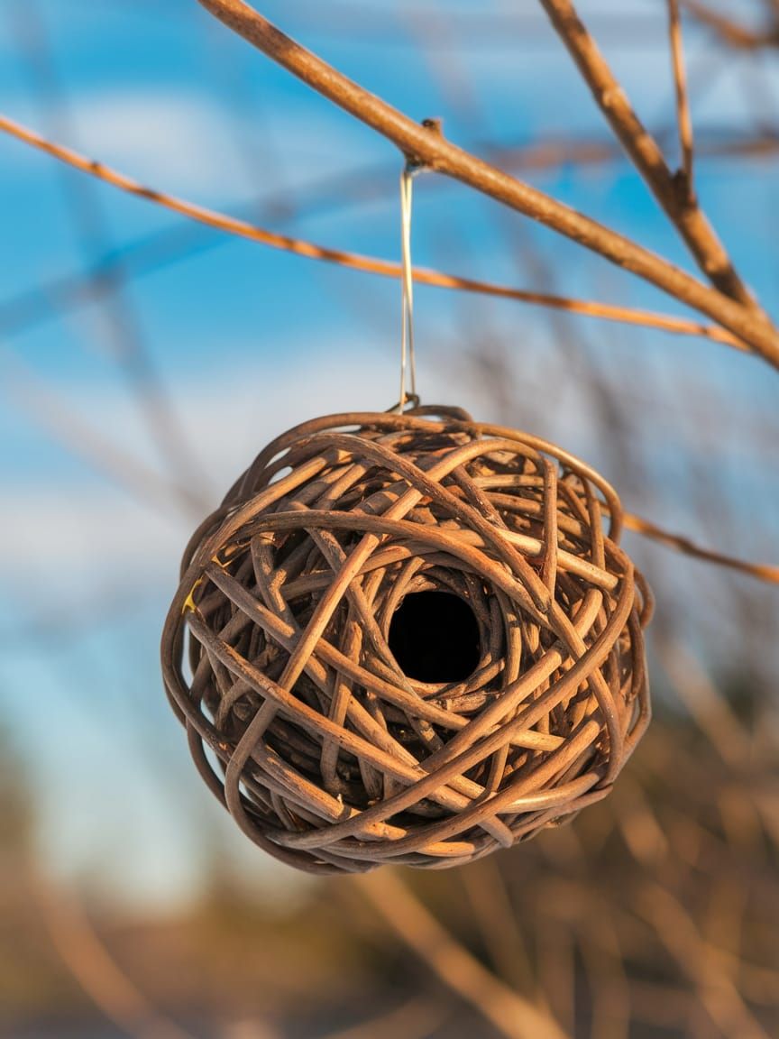 Woven Birdhouse Suspended in Winter Sunlight